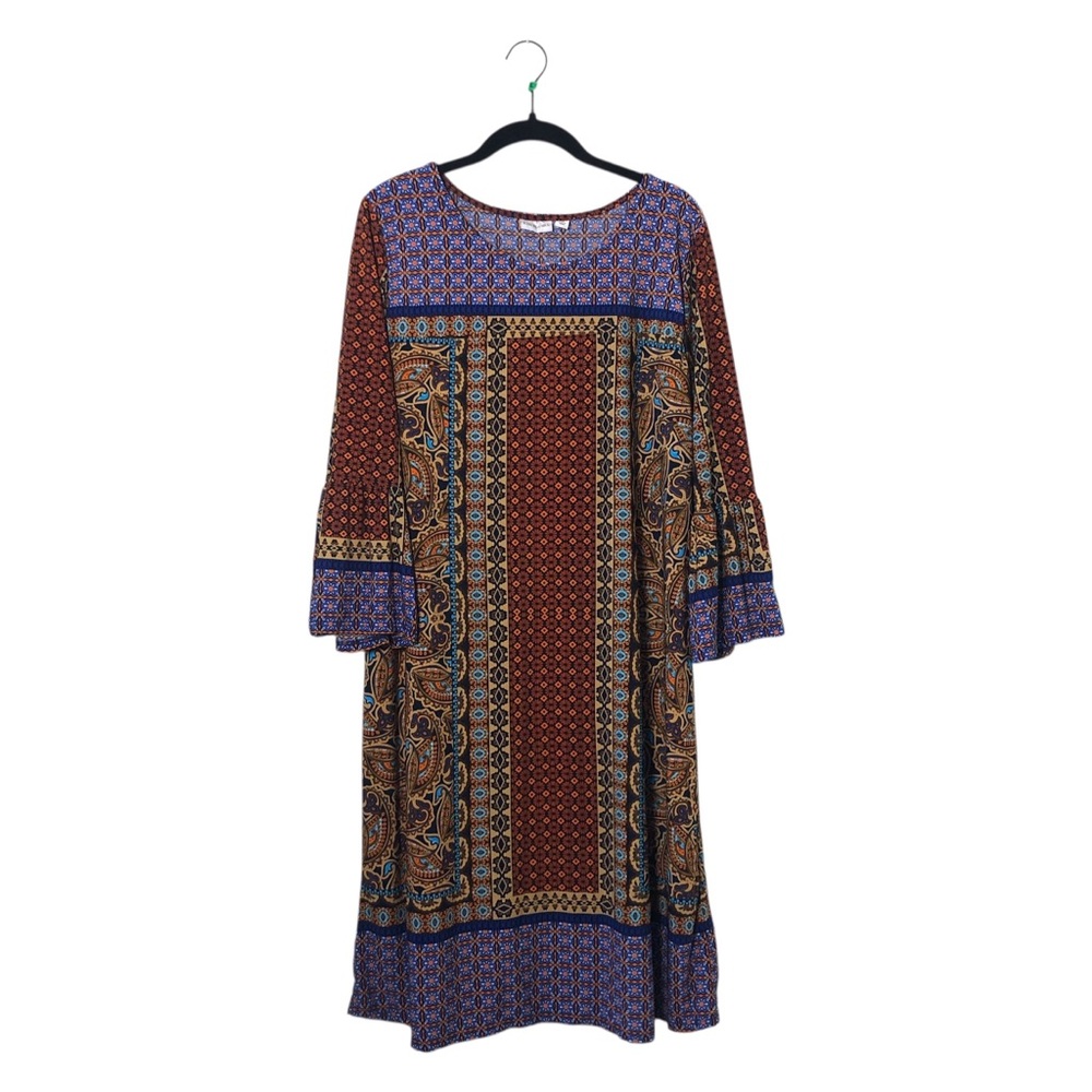 Boho Print Bell-Sleeve Midi Dress - Brown & Blue